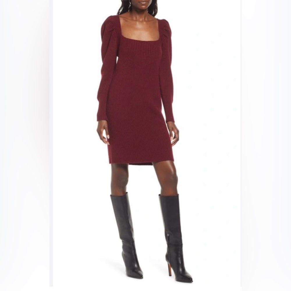 NWT Charles Henry burgundy ribbed long sleeve dress with square neck & tie back.